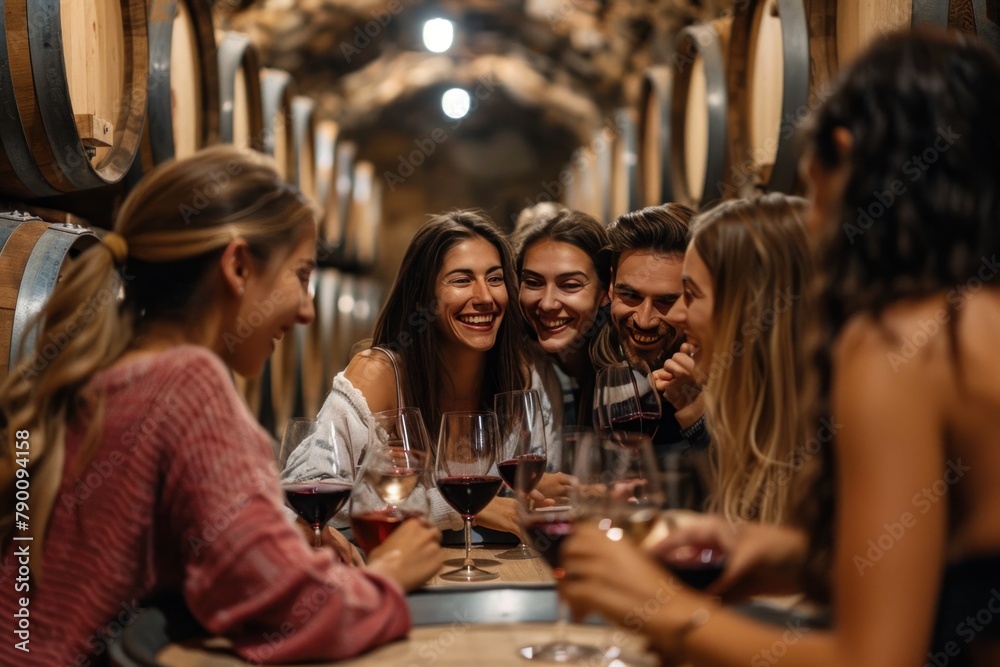 Group sharing wine at table in cellar building, smiling and having fun event