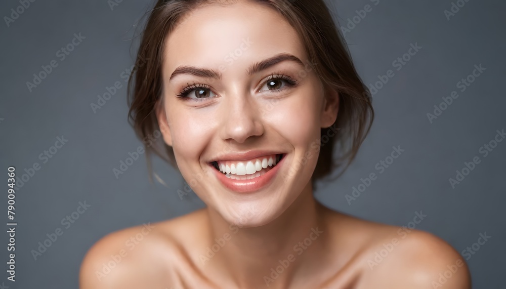Happy beautiful woman smiling isolated on grey background. Use full for beauty and skincare product Happy beautiful woman smiling isolated on grey background. Use full for beauty and skincare product