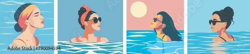  Vector set of banners posters on the theme of vacation, tourism, different tanned beautiful girls in the water in a bikini on the beach sunbathe and swim in the ocean sea.
