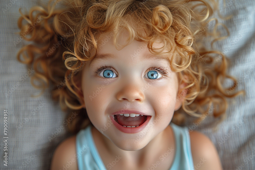 A child with wide eyes and a big smile, bubbling with excitement and delight