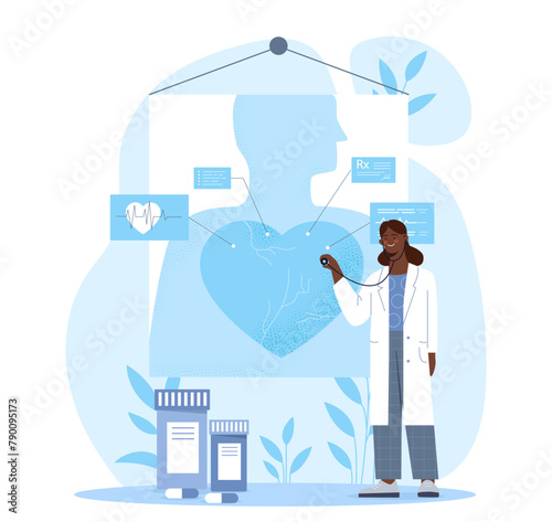 A female doctor with a stethoscope, medical icons, and medications in a flat style on a blue background, concept of cardiology. Flat cartoon vector illustration