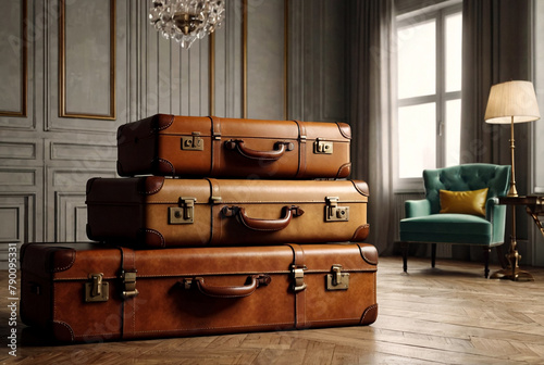 Vintage old classic outdated leather suitcases in interior of bright room by sofa. Background with suitcases of various designs and colors. Let's sit on path!  Concept Luggage for travel. Copy space photo