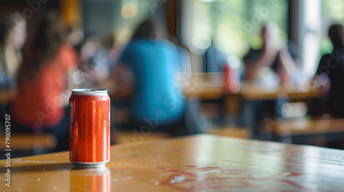 Soda Can on University Canteen Table with Students in Background