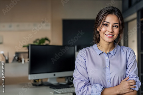 La donna d'affari sorridente- casualità in ufficio photo