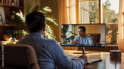 Businessman in office sitting at wooden table, video conference call with colleague. Business negotiations, solving joint work tasks