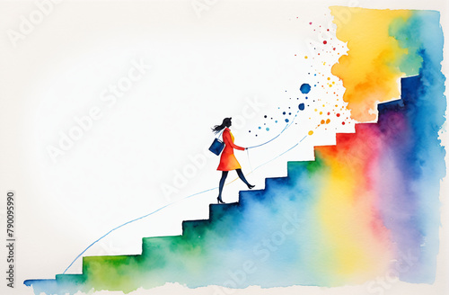 climbing to the top along a career path, moving up to success, simple drawing with watercolors, bright colors, a woman is climbing to the top of the career ladder