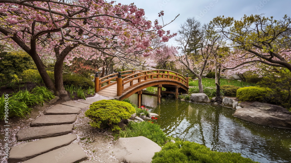 Peaceful Zen Japanese  Garden with a wooden bridge and blooming cherry blossoms