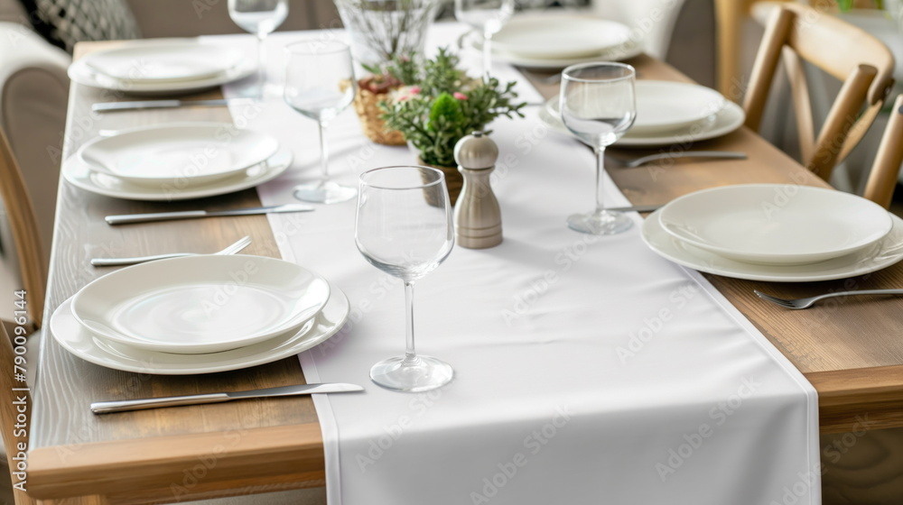 Top view of a neatly set dining table with white dishes, silverware, and a long white table runner