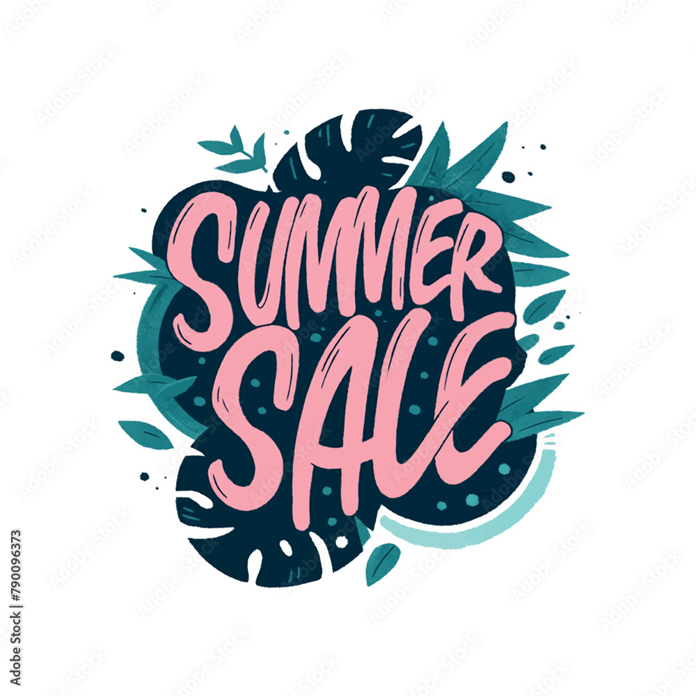 Summer sale is written in a cursive style with palm trees and other