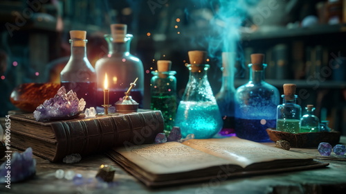 Dimly lit alchemists lab with glowing bottles, a burning candle, and an open book surrounded by crystals