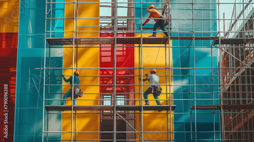 team of construction workers assembling scaffolding at a building site