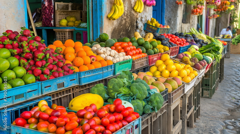 Vibrant street market with colorful fruits and vegetables