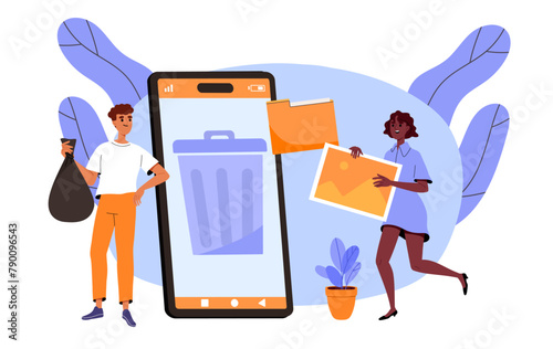People managing digital files near a large smartphone with a trash icon, abstract concept of digital file management. Flat vector illustration