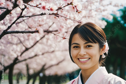 woman wearing kimono under cherry tree