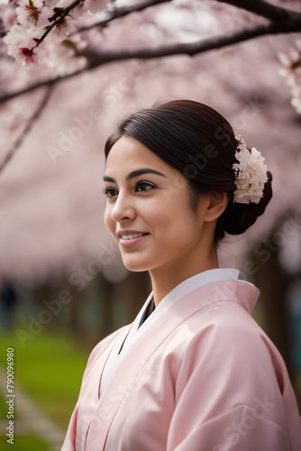woman wearing kimono under cherry tree