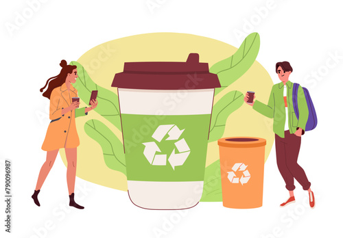 Two people walking with coffee cups near a large recyclable coffee cup illustration, flat style, on a light abstract background, concept of recycling and eco-friendly habits. Vector illustration