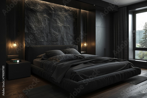 Black modern and retro-style bedroom with black and dark materials. 3d rendering. © Osama