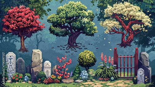 A set of pixelated outdoor elements, such as trees, flowers, rocks, and fences, pixel art game environments #790097317