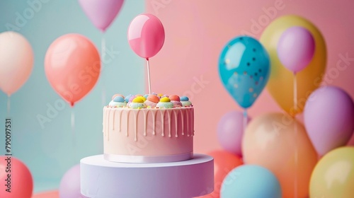 3D rendering of a birthday cake with lit candles and colorful balloons. 