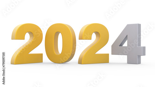 New Year 2024 Yellow and Grey 3d Lettering Isolated White Background 3d Rendering (ID: 790097581)