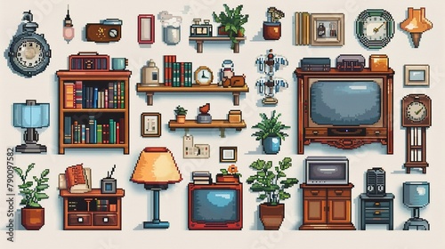 A variety of pixelated household objects, such as lamps, clocks, books, and plants, adding life and detail to pixel art game interiors