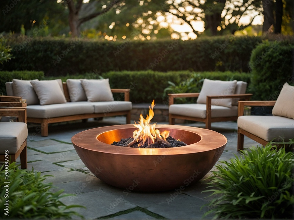 Image showing an inviting fire pit with soft flames providing a warm glow in an elegant outdoor lounge area Image showing an inviting fire pit with soft flames providing a warm glow in an elegant outdoor lounge area