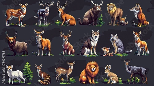 Animals pixel art set. Amazon wildlife collection. Tropical fauna, exotic species, 8 bit. Game development, mobile app. Isolated vector illustration.