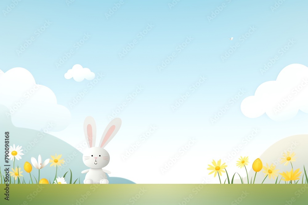Serene scene of a bunny nibbling on grass in a sunlit field, framed by wildflowers, a picture of tranquility 2D, flat design Serene scene of a bunny nibbling on grass in a sunlit field, framed by wildflowers, a picture of tranquility 2D, flat design