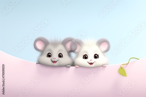 Two fluffy chinchillas peeking from a hammock, their soft fur and curious eyes capturing the heart 2D, flat design
