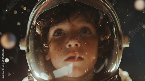 Pointofview from an astronauts helmet, a boys gaze transfixed on the celestial bodies floating in the blackness beyond, Fashion photography style, realistic photos photo