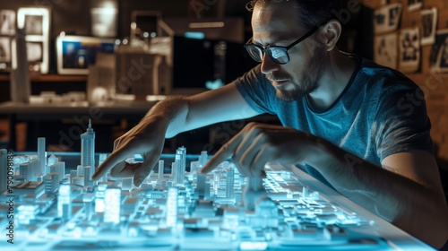 A man is pointing to a 3d city on a table. City model business concept