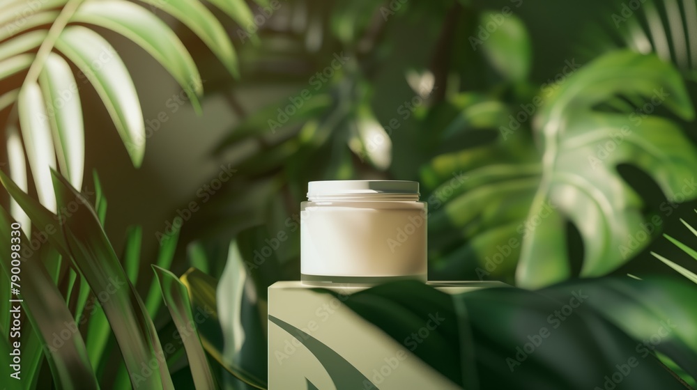 Jar of moisturizing cream for mock up with leaves. Cosmetic advertisement and skincare treatment concept Jar of moisturizing cream for mock up with leaves. Cosmetic advertisement and skincare treatment concept