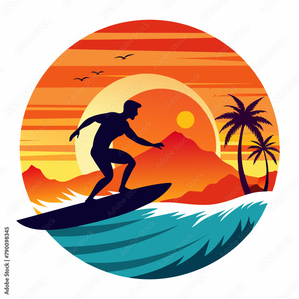 Surfing Sunset On White Background vector illustration