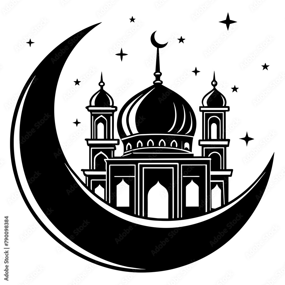Crescent moon above the mosque vector silhouette 