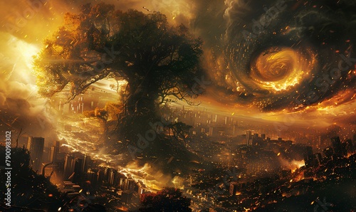 Apocalyptic Vortex above the City, An otherworldly vision where a colossal tree looms over a city on the brink of destruction, with a fiery vortex swirling in the sky,