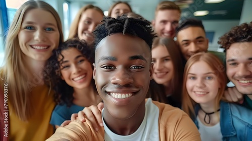 Happy diverse people celebrating teamwork together in the office  taking a group selfie portrait  embodying a joyful multicultural lifestyle concept.