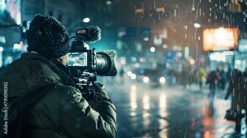 Man with video camera shooting city. Street videography, film industry, video journalism concept