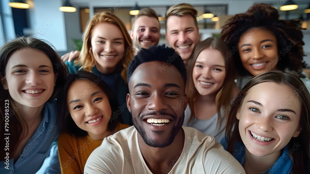 Happy diverse people celebrating teamwork together in the office, taking a group selfie portrait, embodying a joyful multicultural lifestyle concept.