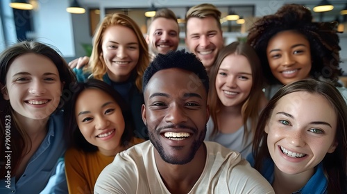 Happy diverse people celebrating teamwork together in the office  taking a group selfie portrait  embodying a joyful multicultural lifestyle concept.