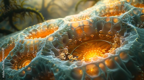 Explore the surreal landscape of a plant cell vacuole, where fluid-filled vesicles shimmer like pools of liquid light. photo