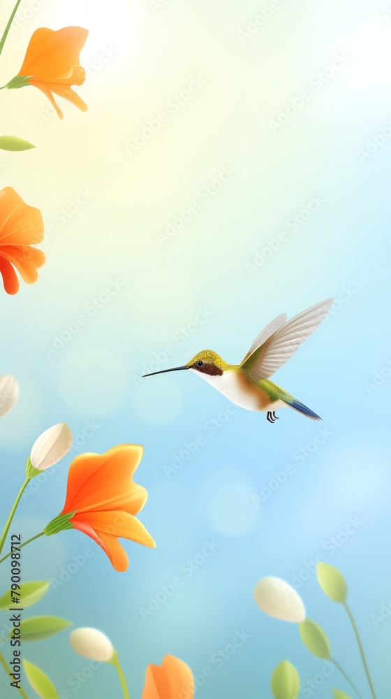 Goldenhour light illuminating a hummingbird mid flight, wings a blur, against a backdrop of vibrant flowers 2D, flat design