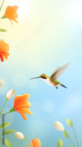 Goldenhour light illuminating a hummingbird mid flight, wings a blur, against a backdrop of vibrant flowers 2D, flat design © NEXT-Ai