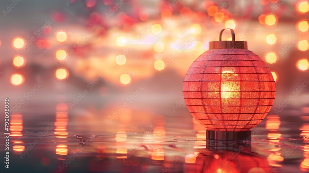 Warm glow of festive lantern against a bokeh light backdrop, creating a cozy atmosphere
