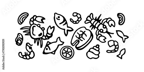 Illustration, set of seafood. Black lines isolated on white