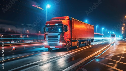A truck on a highway at night.