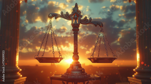 Illustration of fairness scales of justice against courthouse building background, representing the concept of business financial protection by law. photo