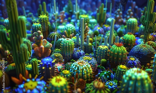 Produce a digital pixel art masterpiece featuring eye-level view of a unique cactus garden, each prickly plant vividly rendered in vibrant hues, creating a harmonious symphony of color and texture