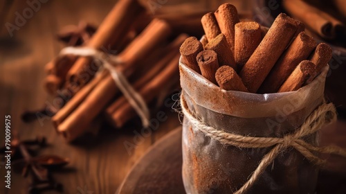 cinnamon in transparant package, kitchen background setting photo