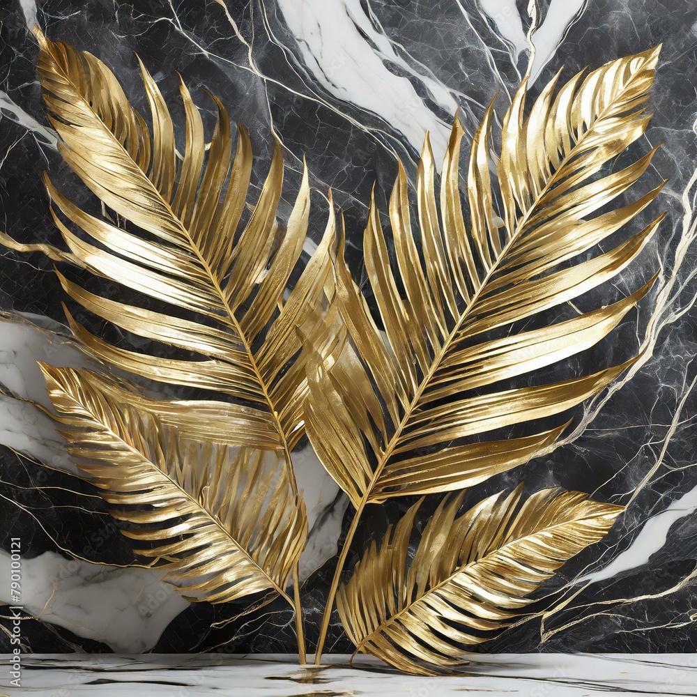 golden palm leaves arranged against a backdrop of white and black ...
