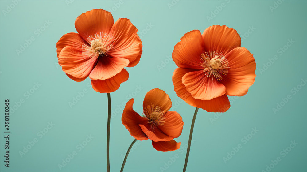 Three red poppies on a blue background.